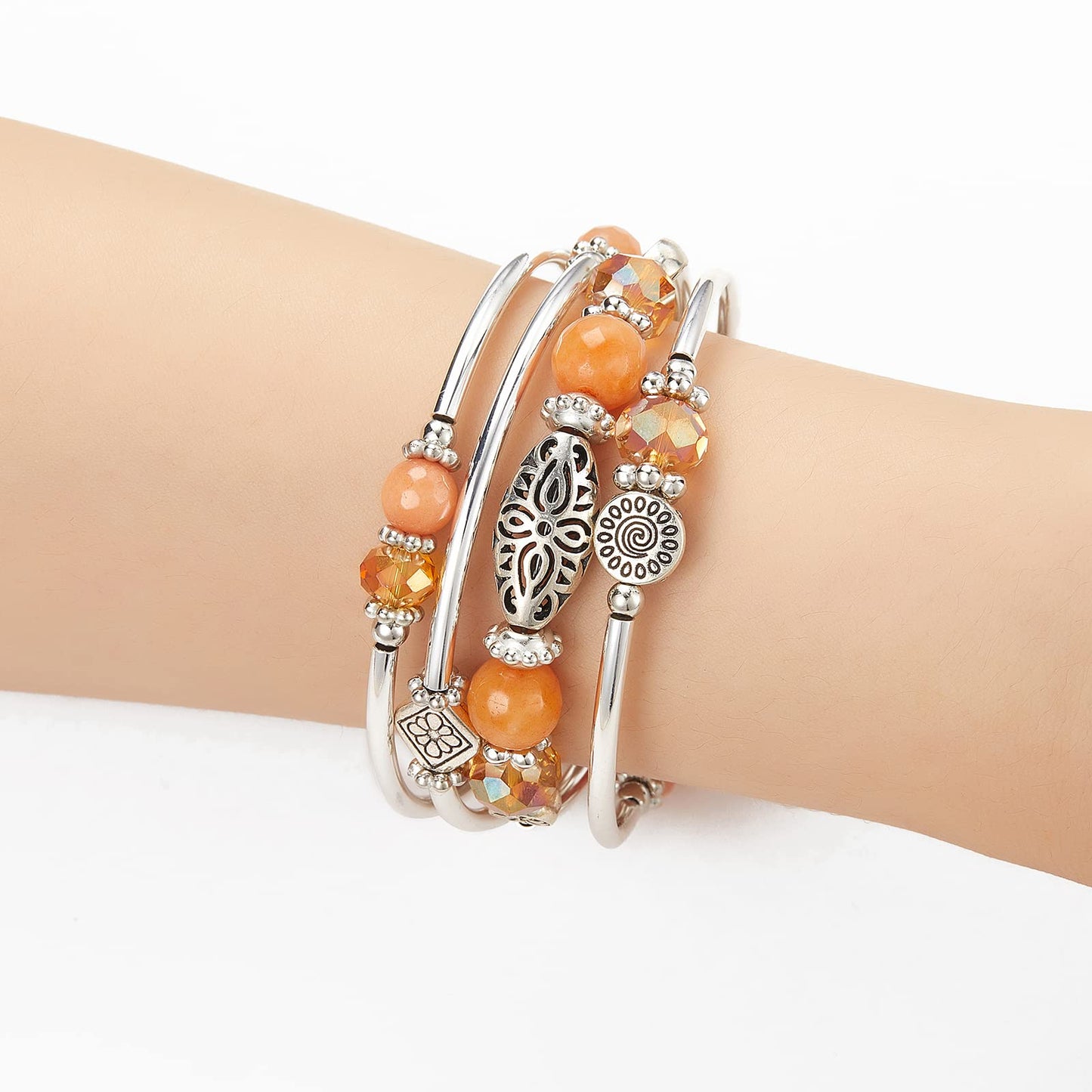 FULU AUTUMN Stackable Beaded Bracelets for Women Boho Wrap Silver Bracelet Layered Fashion Jewelry Gifts for Her(Orange)