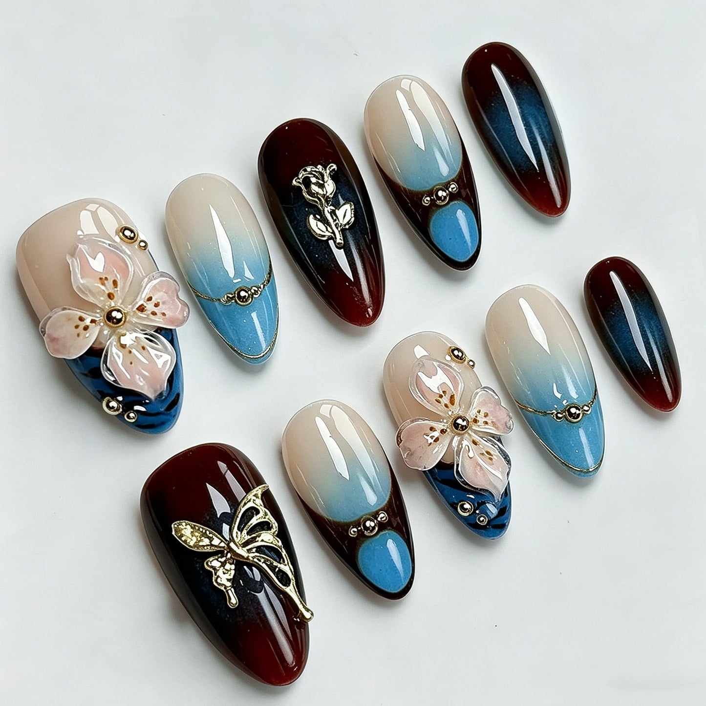 Luxury Press on Nails Medium Almond Handmade 3D Unique Reusable ABS Material French Tip Fake Nails Ombre False Nails with Flower Butterfly Gold Bead Designs Glossy Glue on Nail Thick Acrylic Nail(M)
