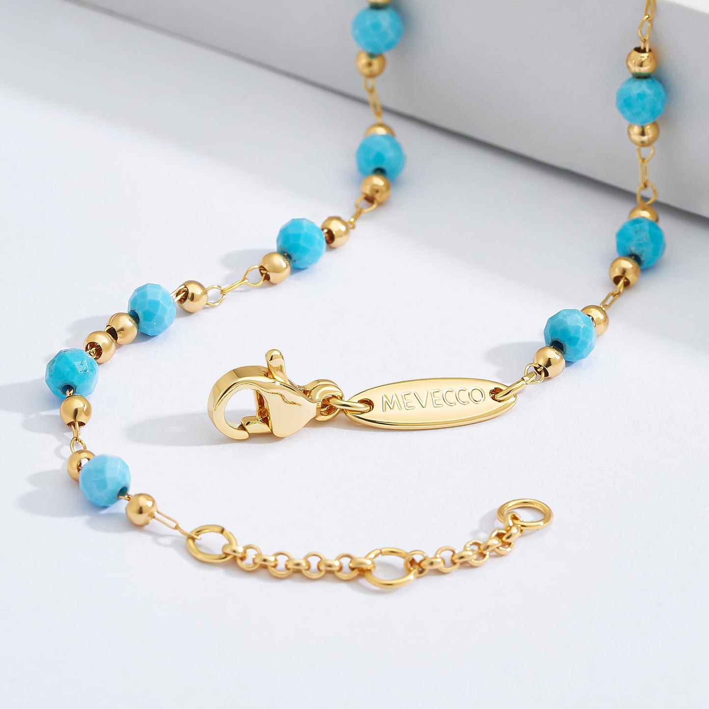 MEVECCO Gold Round Turquoise Beaded Bracelets,14K Gold Plated Handmade Cute Dainty Bracelet for Women