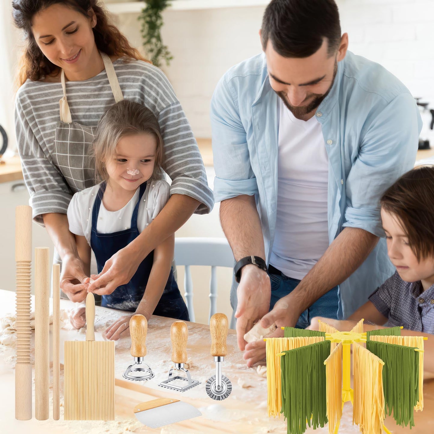 10 Pcs Gnocchi Pasta Making Tools kit, Pasta Drying Rack, Gnocchi Board, Cutter, Ravioli Stamp, Wood Threaded Pasta Roller Pin Set, Noodle and Dumplings Maker, Homemade Kitchen Gift for Pasta Lovers