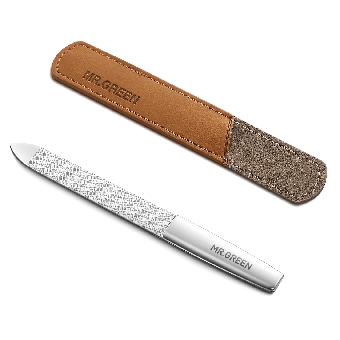 MR.GREEN Professional Double Sided Stainless Steel Nail File with Non-Slip Handle and Leather Case, Pointed Nail Buffering Files Washable