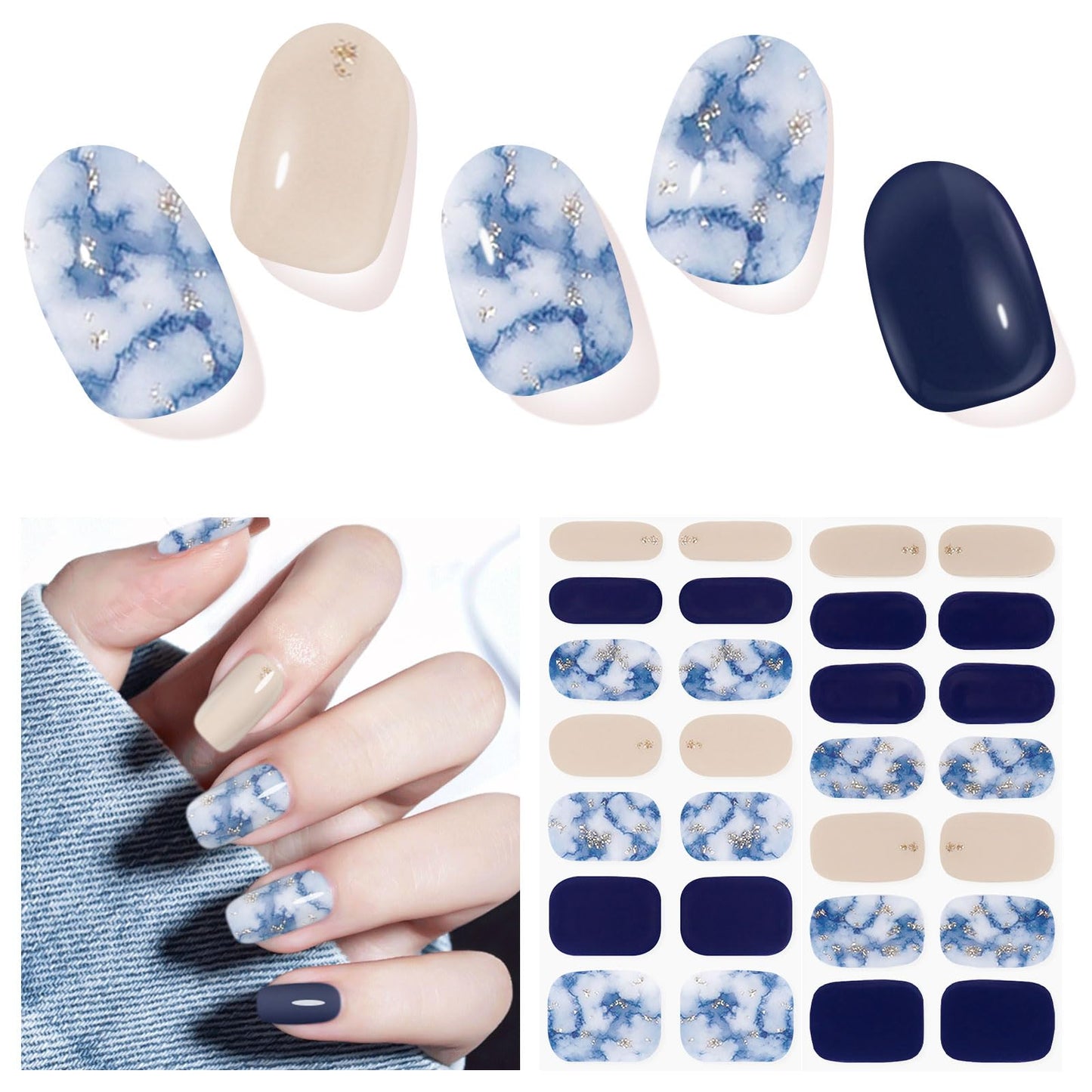 DUKASOU Semi Cured Gel Nail Strips,28 Pcs Gel Nail Stickers Wraps(Ocean Blue),Long Lasting Stickers Works with Any UV Light, Easy to Apply