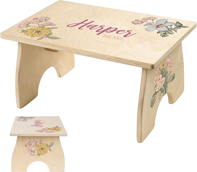 Step Stool for Toddlers- Personalized Wood Kids Step Stool with Name for Kitchen Sink, Bathroom, Potty Training, Toilet, Kitchen Sink- Sturdy and Safe- Made in USA by BloomOwl (Floral- Vintage)