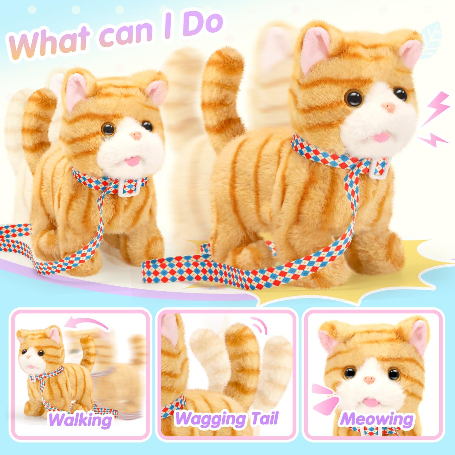 CatchCute Plush Toys Cat for Kids with Leash, Interactive Electronic Kitty That Walking,Meowing, and Tail Wagging, Stuffed Cat Christmas Birthday Gift for Boys and Girls