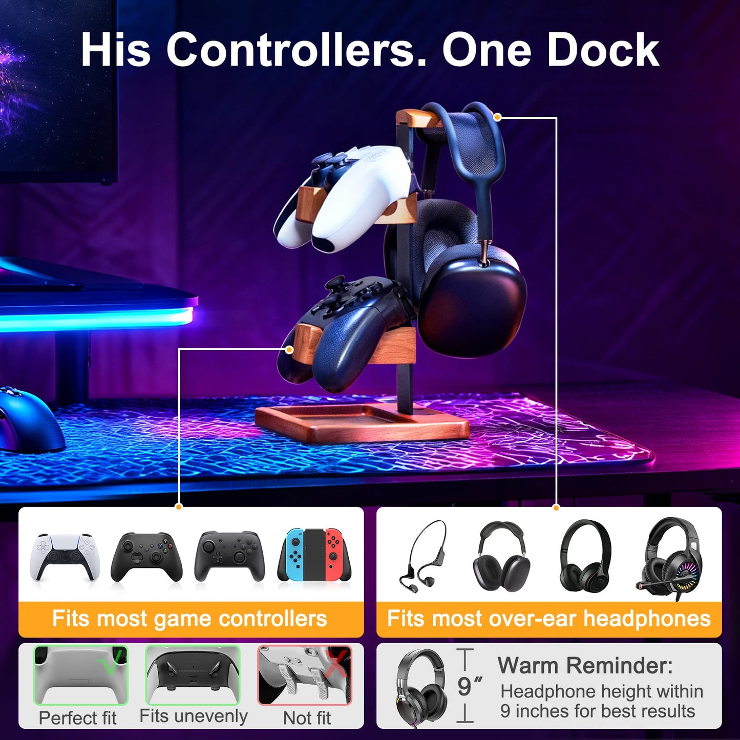 HUMANCOZY Solid Wood Controller Holder and Headphone Stand, Gaming Controller Stand for Desk, Dual Controller Organizer Rack, Fits Xbox, PS4, PS5, Gamepad, Headset Holder for Son, Husband, Boyfriend