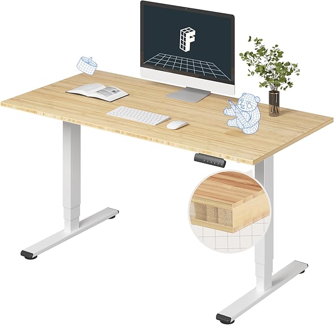 FlexiSpot E6 Bamboo 3-Stage Dual Motor Electric Standing Desk 55 x 28 Sit Stand Up Desk, Holds 220 lbs, Adjustable Height w/ Memory Presets, Solid Bamboo Desktop & White Frame, Ships in 2 Boxes