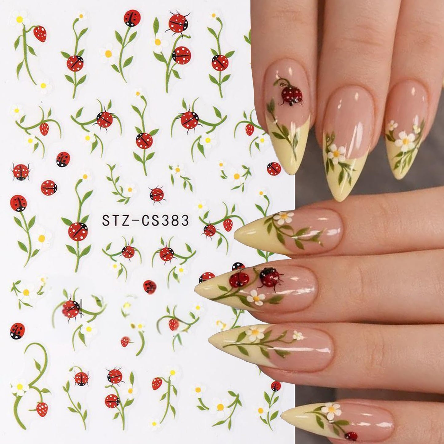 Strawberry Lips Nail Art Stickers Bow Cherry Nail Art Decals 3D 6Sheets Self-Adhesive Fruit Stickers Beetle Flower Leaf Nail Designs for Women Summer Fresh Style Nail Supplies Decorations