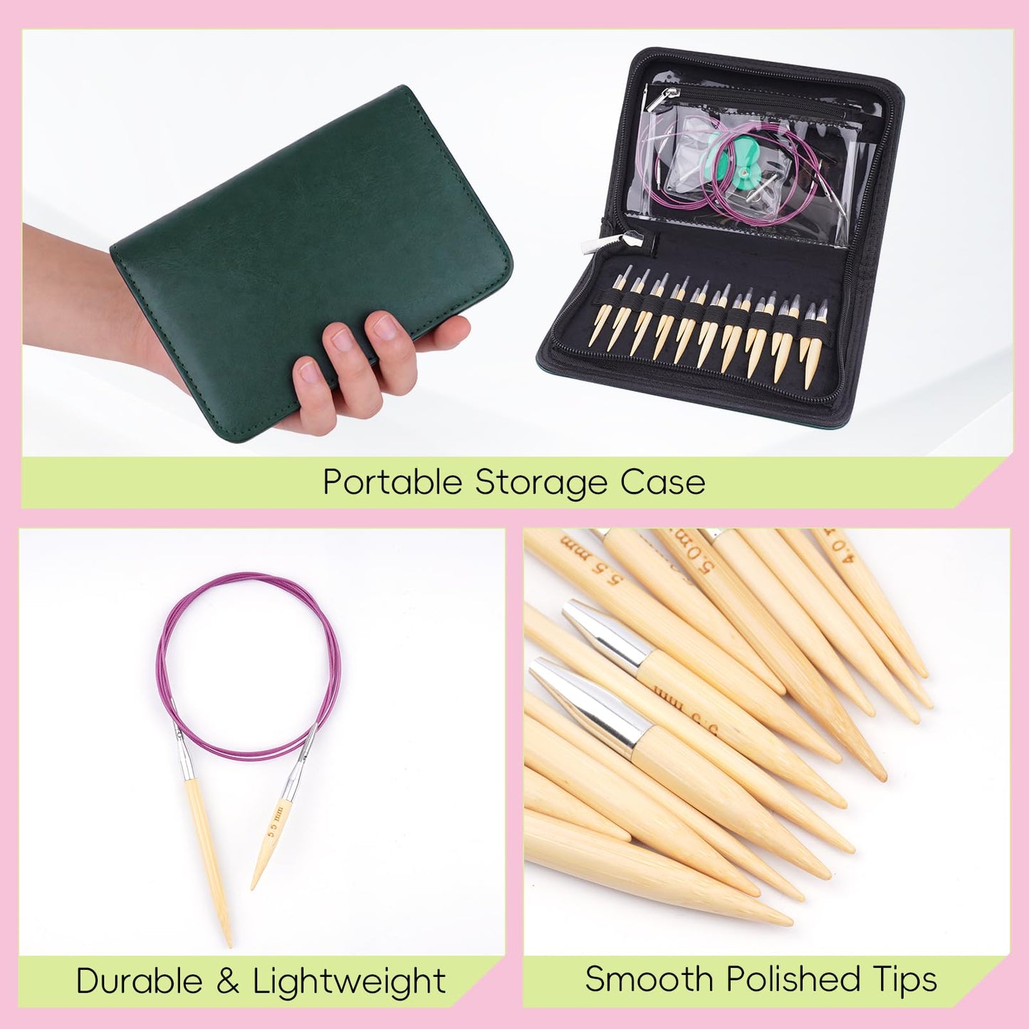 BsHooker Circular Knitting Needles Set with Case,10 Pairs Interchangeable Bamboo Knitting Needles with 5 Flexible Cables 3mm-6.5mm,Short Circular Needles 38Pcs