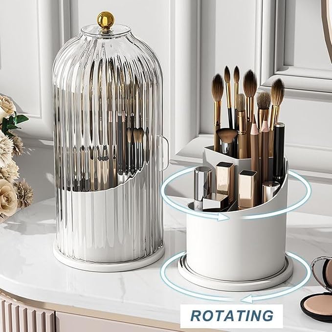 Makeup Brush Organizer Toothbrush Holder with Transparent Door Lid, 360 Rotating Sliding Opening, Door Dustproof&Waterproof for Vanity Bathroom Bedroom (White)