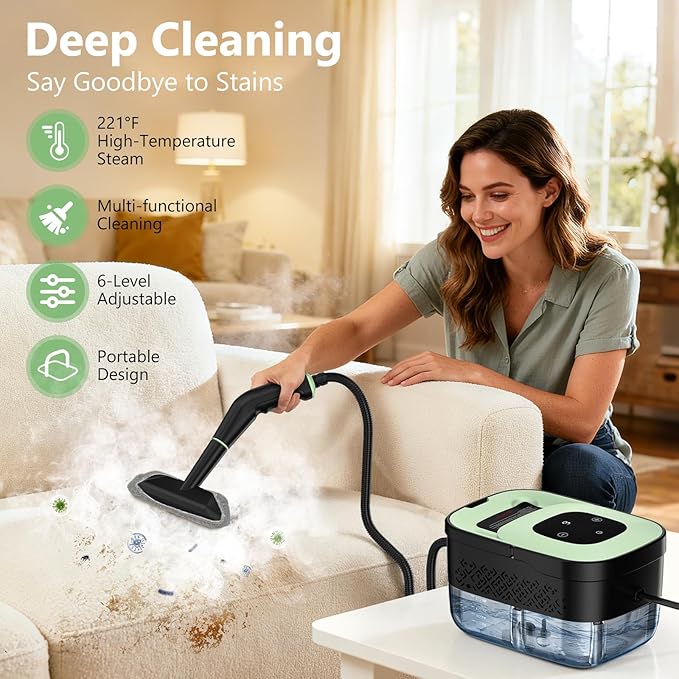 Steam Cleaner, Portable Steamer for Cleaning with 16pcs Accessories, 6-Level Adjustable, 15s Heat-Up, Handheld Steam Cleaner for Home for Tile, Grease, Dirt, Grout, Car Detailing, Green