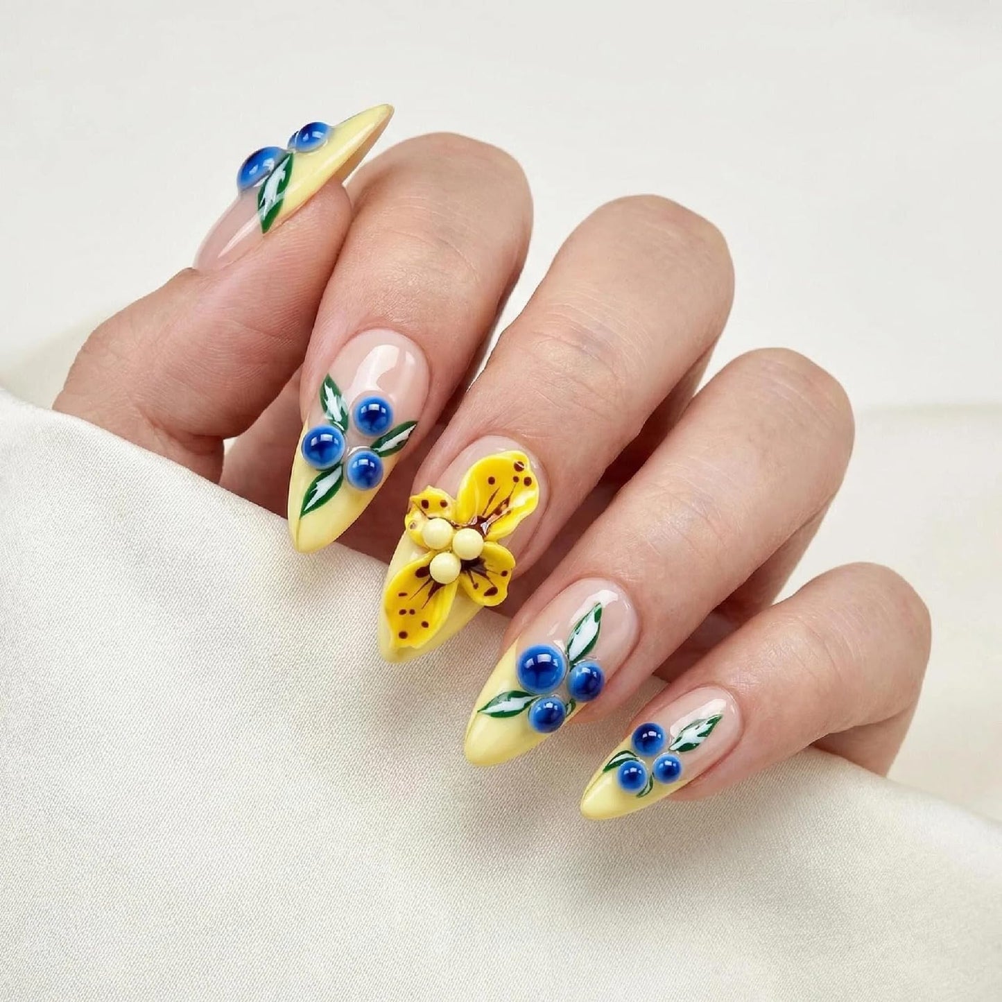 Threelegscat Handmade Almond Press on Nails-Medium, Yellow 3D Flower Nude Reusable Fake Nails for Women Daily Wear, Party, Dating 10 PCS (Size M)