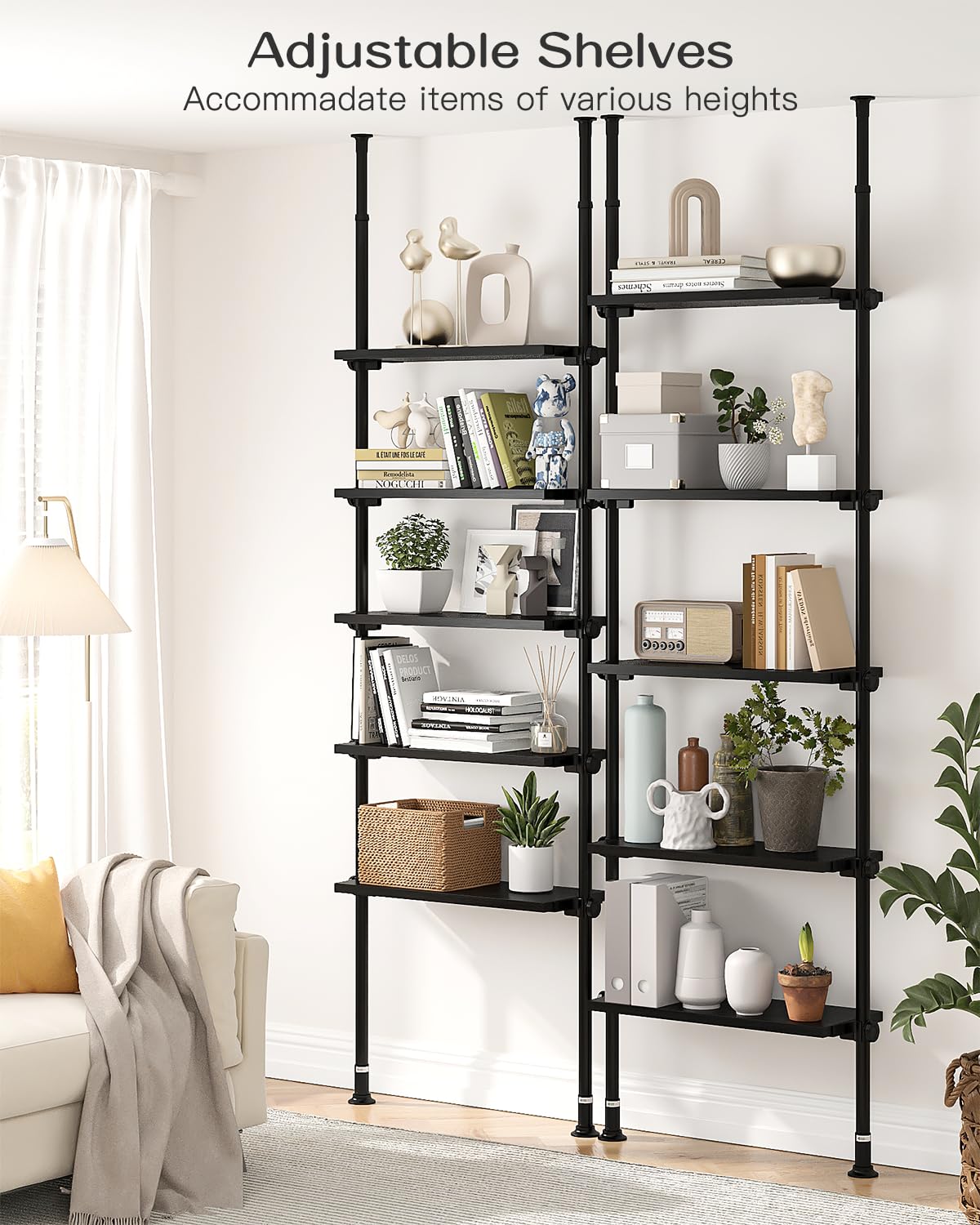 ALLZONE Adjustable Tall Narrow Bookshelf, 5-Tier Floor-to-Ceiling Tension Mount Ladder Book Shelf with Storage for Versatile Uses, Fits 92-116 Inch Ceilings, 27.84-Inch Wide Wood Shelves, Black Relief