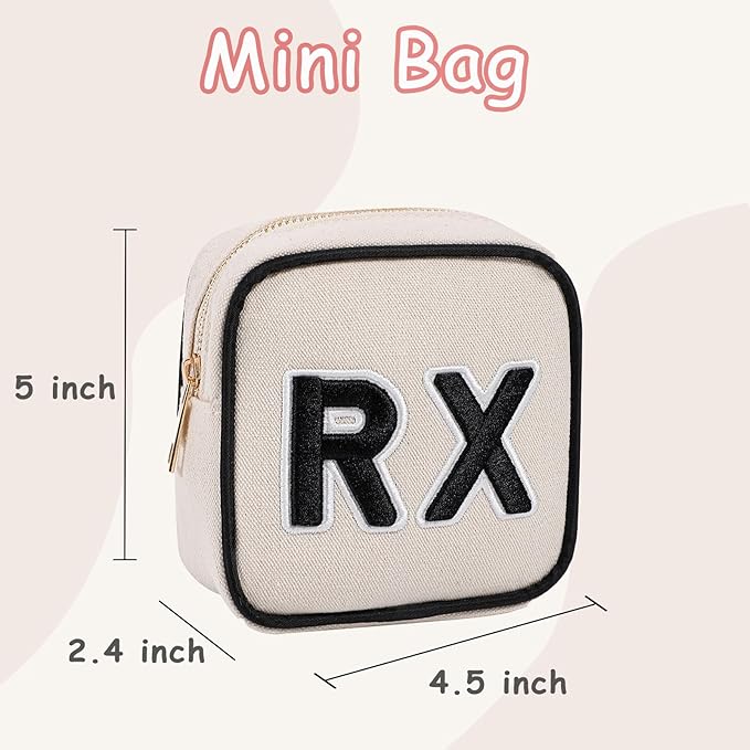 Small Canvas Rx Medicine Packages, Cute Chenille Letter Patch Drug Makeup Bag with Metal Zipper, Mini Travel First Aid Purse Organizer Machine Washable (01Beige)