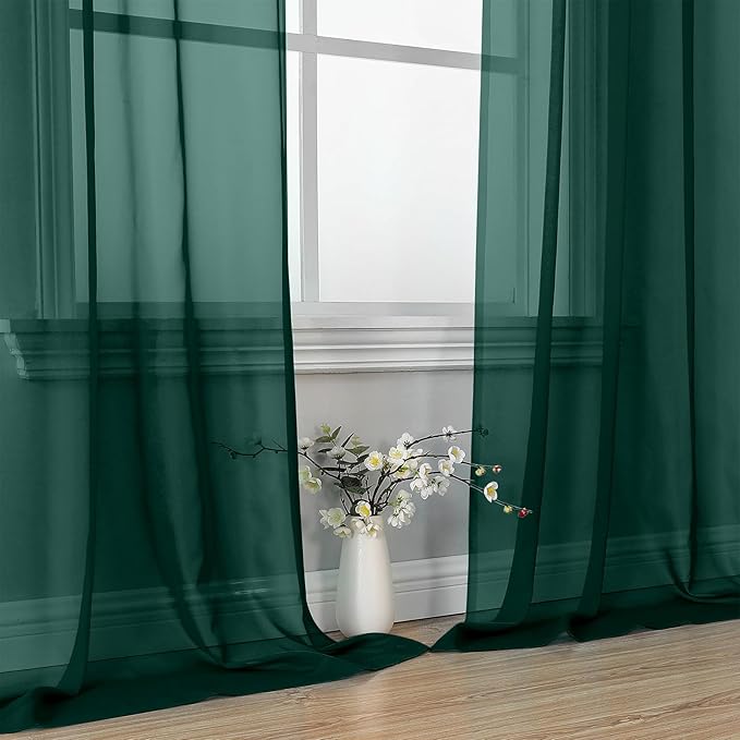 OVZME Hunter Green Sheer Curtains 63 Inches Long 2 Panels - Soft Light Filtering Window Sheer Panels for Living Room/Bedroom, Top Dual Rod Pocket, 1 Pair, Each 42Wx63L Inches