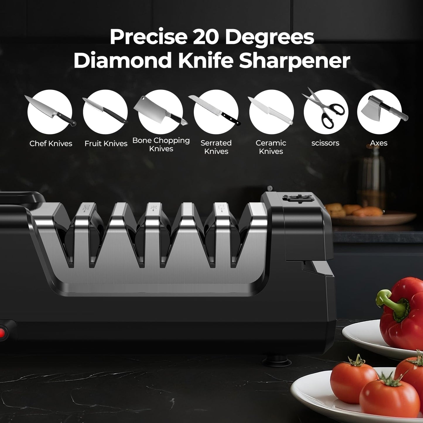 Dawnstar Electric Knife Sharpener, Precise 20° Diamond Knife Sharpener for Kitchen Knives, Quick Repairing in 40 Seconds, with Metal Dust Collection Box & Special Port for Scissors, Black