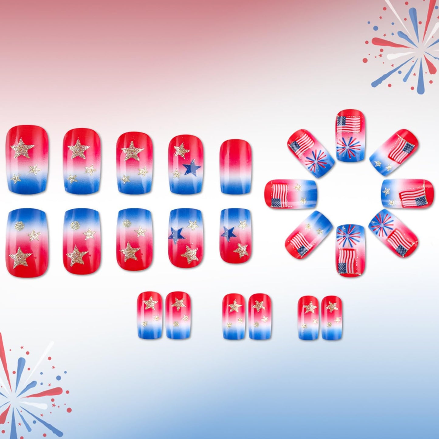 Independence Day Press on Nails Medium Square Fake Nails Gradient US Flag Color Stars Glitter with Fireworks False Nail 4th of July Stick on Glue on Artificial Fingernails for Women Holiday Manicure
