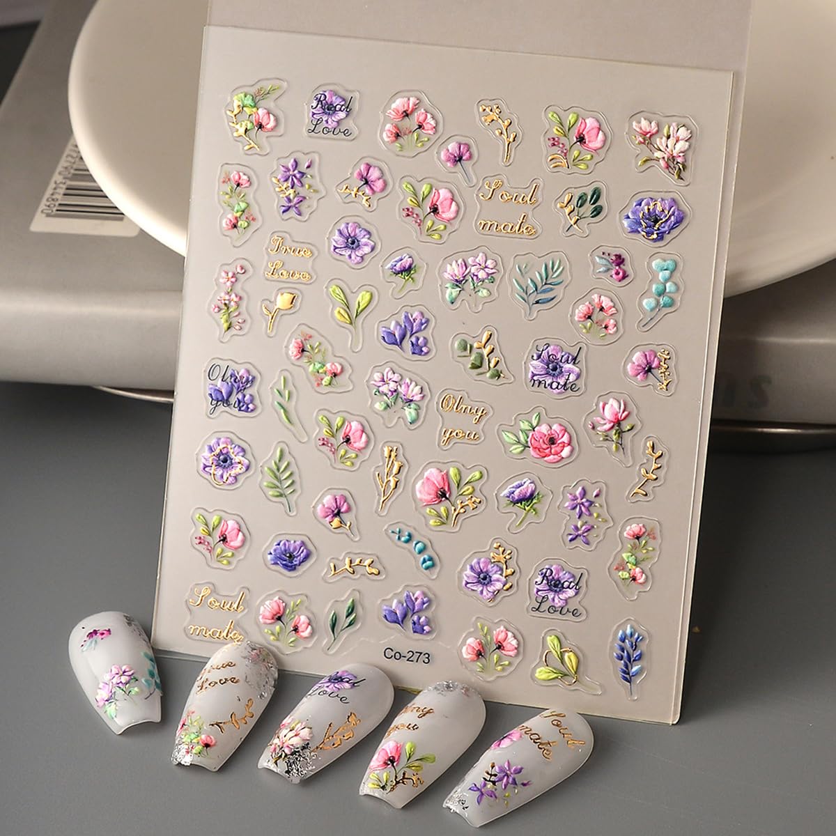 HPYFOI 5D Embossed Floral Nail Stickers, Self-Adhesive Vinyl, Style-34, Botanical Theme, 1 Sheet, Rectangular, Indoor Use, Nail Art Stickers & Decals