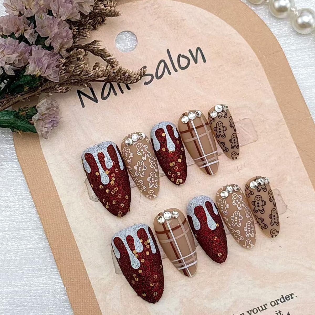 30Pcs Christmas Press on Nails Medium Almond Fake Nails Cute Gingerbread Man False Nails with 3D silver Rhinestones Design Brown Glitter Winter Snow Artificial Stick on Nail Full Cover for Women DIY