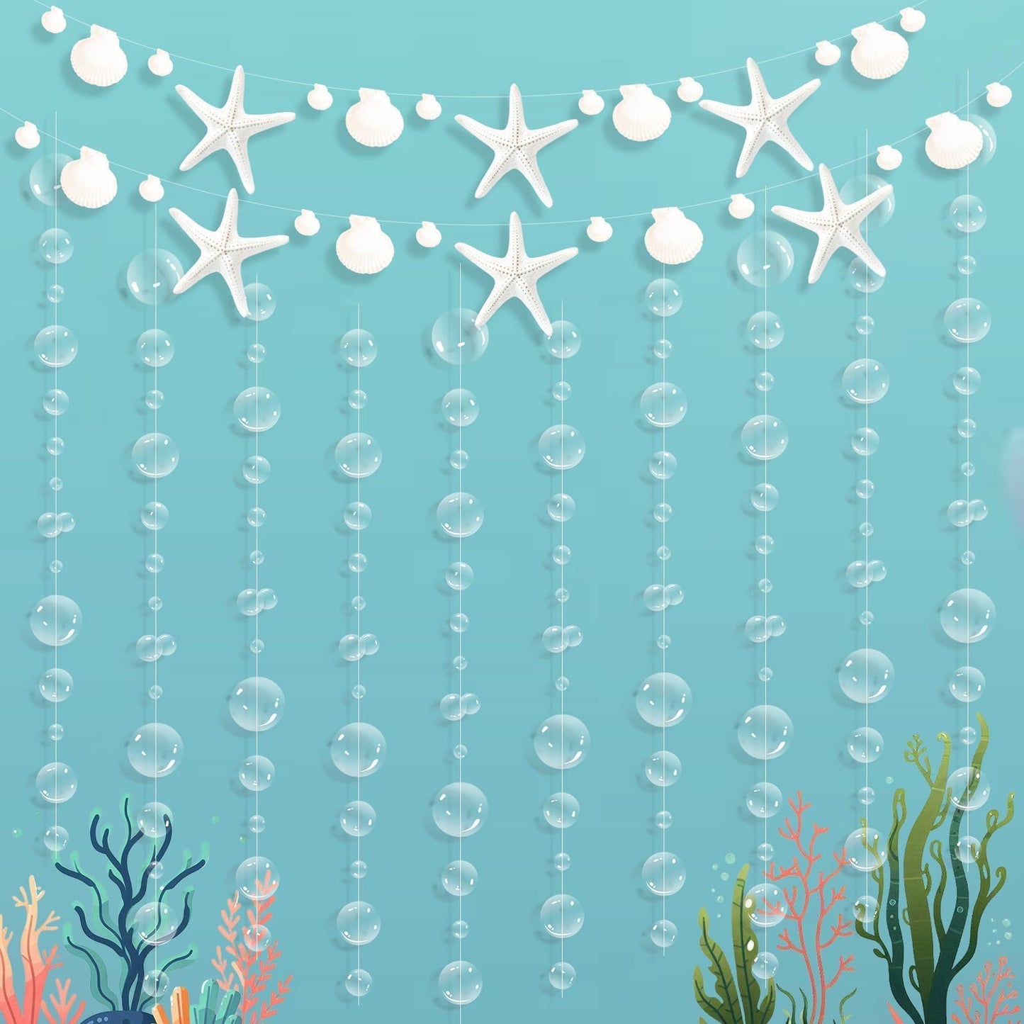 Under The Sea Party Decorations Bubble Seashell starfish Garlands Mermaid Banner Beach Ocean Cutouts Hanging Garland Streamers for Kid Birthday Bachelorette Baby Shower Coastal Nautical Party Supplies