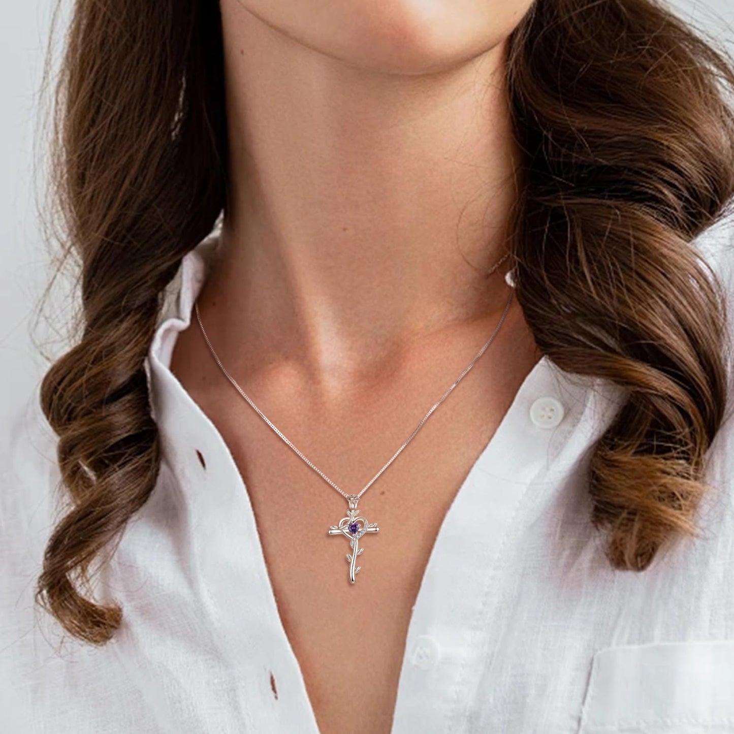 STARCHENIE Rose Cross Necklace 925 Sterling Silver Heart Crucifix Pendant Created Amethyst Jewelry for Women