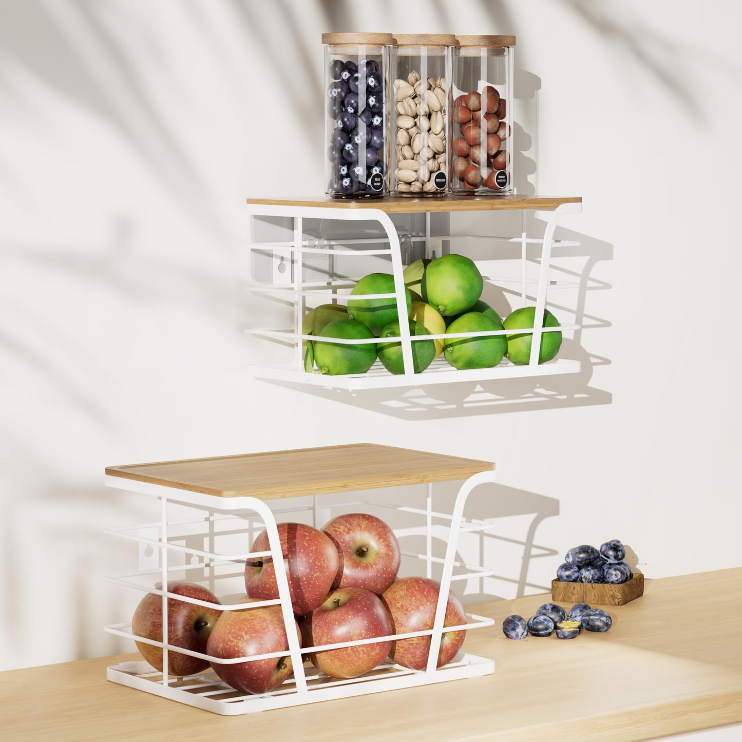 TIDIIABODE Extra Large 2 Pack Potato and Onion Storage Bins, Potato and Onion Storage Baskets with Bamboo Top, Trash Bag Dispenser, Storage Stackable for Kitchen Laundry Organizers, White