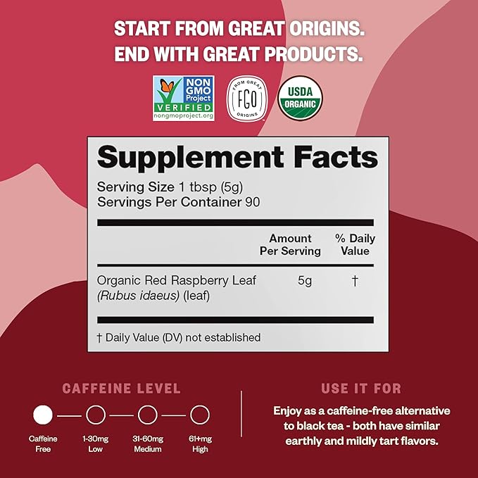 FGO Organic Red Raspberry Loose Leaf Herbal Tea, Cut and Sifted, Caffeine Free, Resealable Bag, 4oz (Pack of 1)