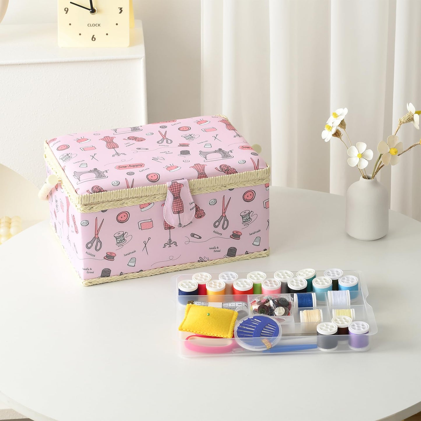 FOPUGT Sewing Basket - Large Sewing Box for Sewing Supplies, Sewing Organizer Box Sewing Kit Storage Christmas Gift for Sewing Enthusiast (Pastel Pink - Large)