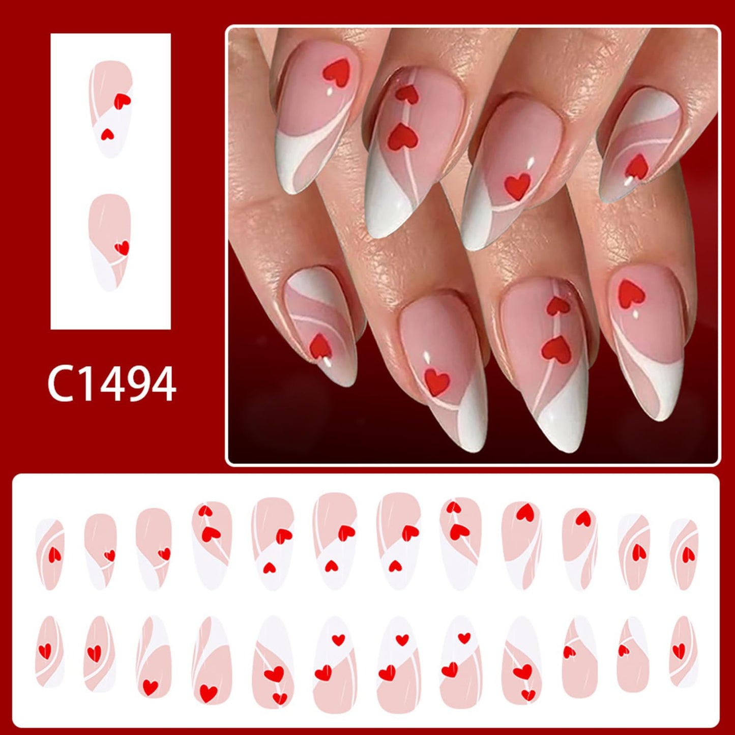 CJDLTS Valentines Press on Nails Medium Almond Artificial Acrylic Irregular Lines Fake Nails Red Love Coffin Nails Full Cover Glossy Heart Glue on Nail Artificial Fingernails Women Festival Manicure