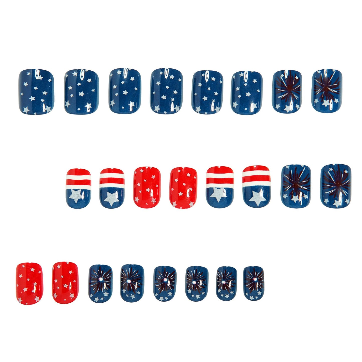 24pcs Independence Day Fireworks Press On Nails Short Square Stripes Five-Pointed Star Design False Nails Red Glitter Star July 4th Acrylic Stickers Nails for Women Girls Manicure Decoration 24pcs