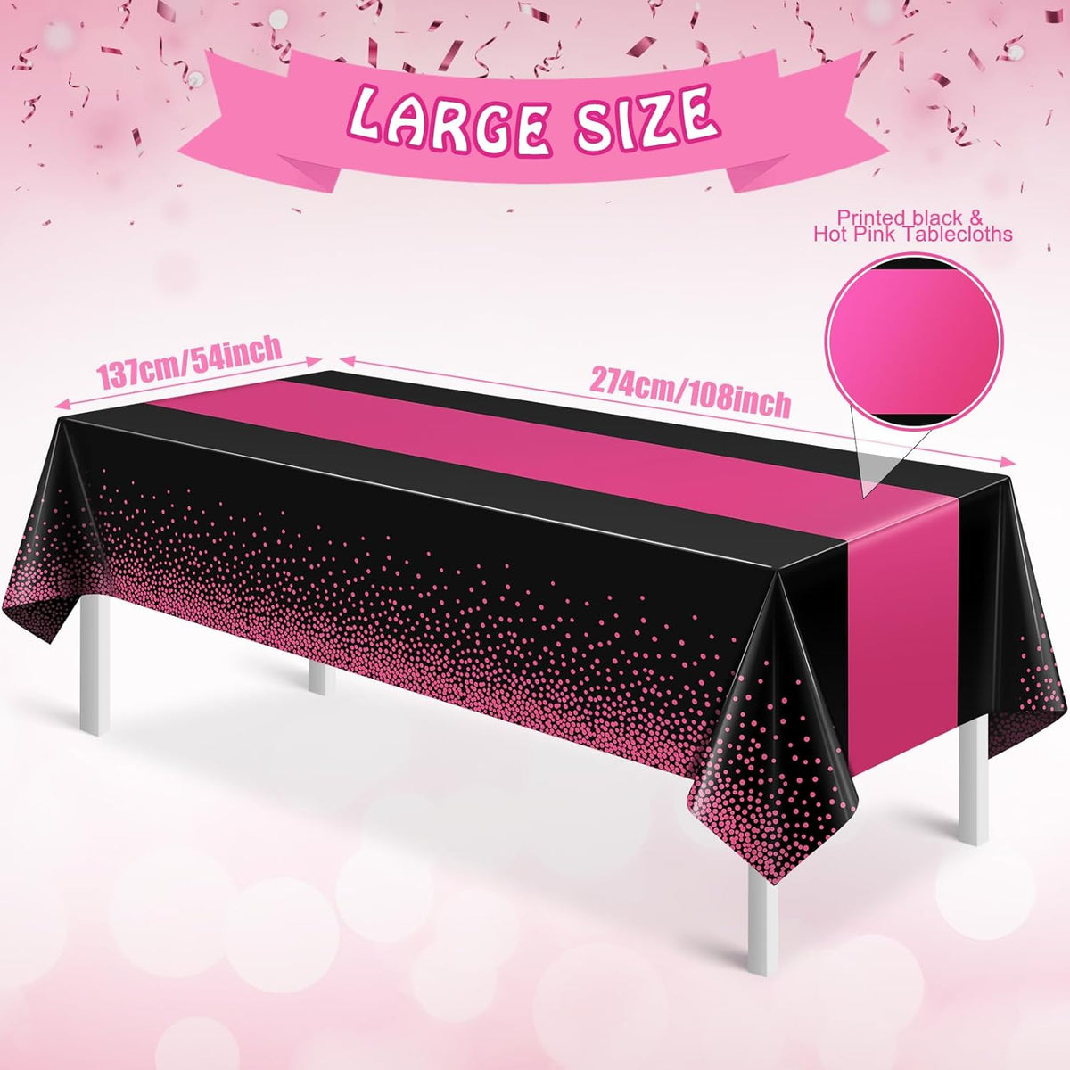 6Pcs Black Hot Pink Tablecloth Party Decorations,Plastic Black Table Cloth Printed Hot Pink Table Runner Disposable Rectangle Cover for Birthday Wedding Anniversary Graduation Party,54x108 Inch