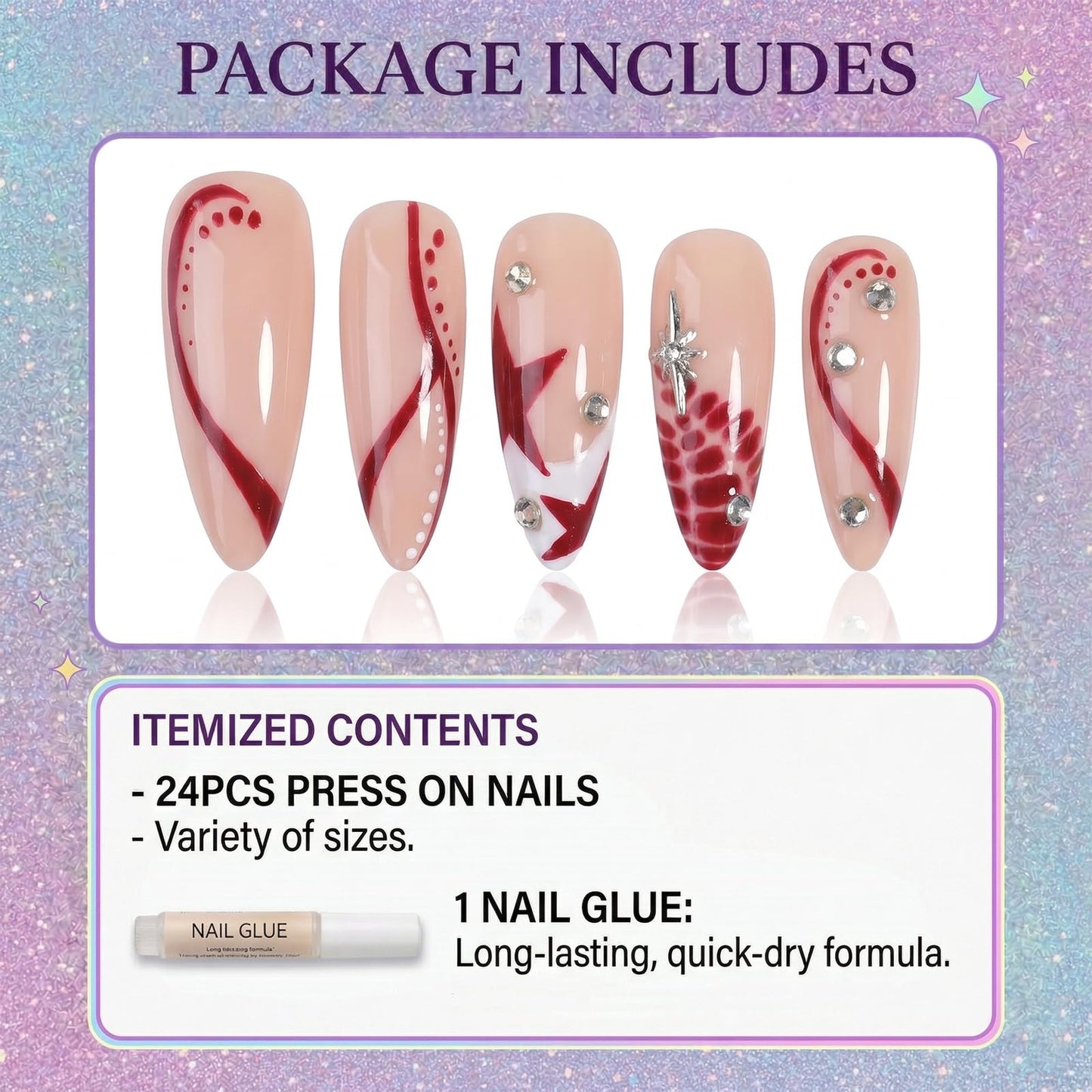 IMSOHOT Almond Press on Nails, Medium Fake Nails, Red Star Swirl Rhinestone Design, 24 Pcs Reusable Glue on Nails for Women, Salon Quality