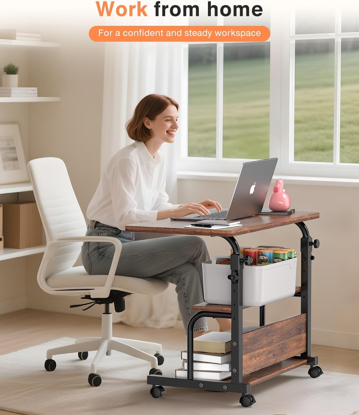 QZMDSM Portable Rolling Desk on Wheels Adjustable Height Desks for Small Spaces, 32" Computer Desk Drafting Tables with Storage Shelves for Home Office Rustic