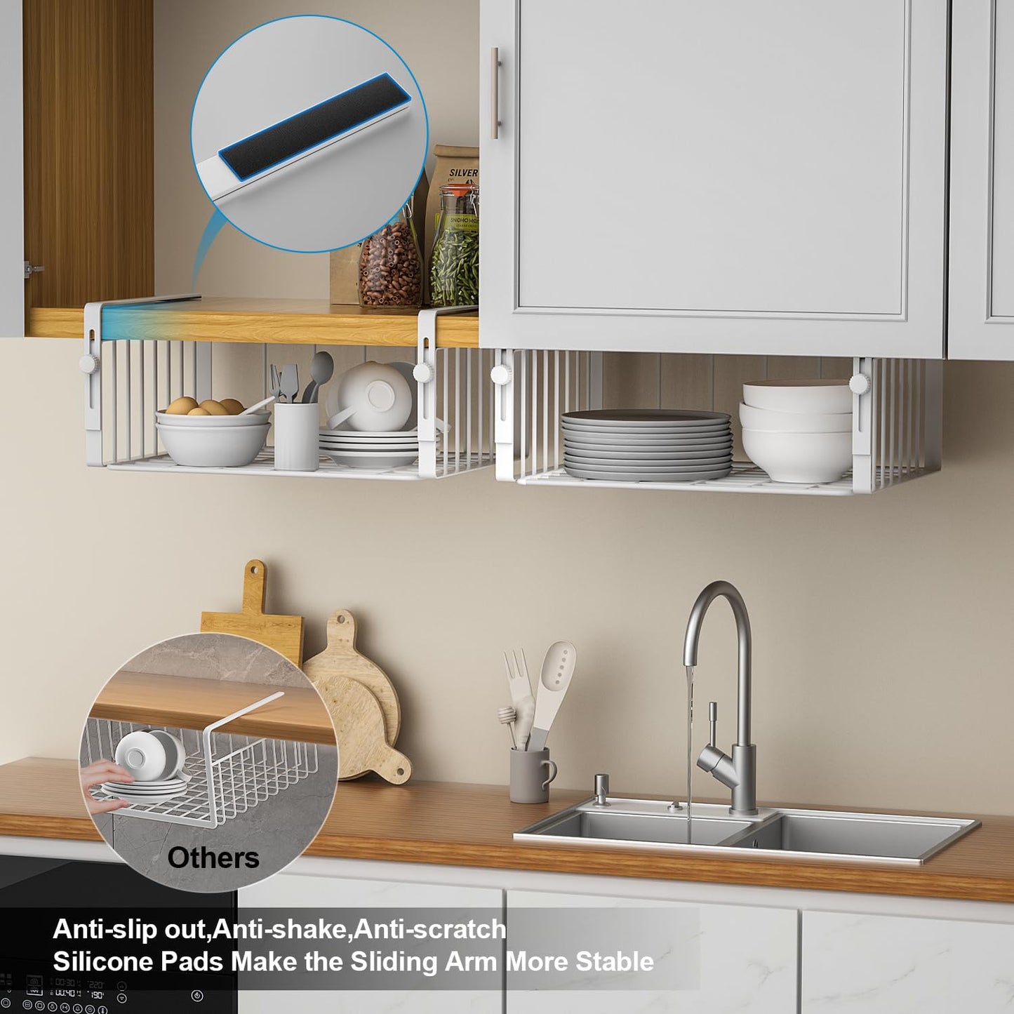 AmonHouseware 2Pack Under Shelf Basket Organizer,Adjustable Hanging Holder Storage for Cabinet Pantry Kitchen Cupboard Desk Counter Bookshelf Organization Add-on Space Saver Heavy Duty Slide-in,White
