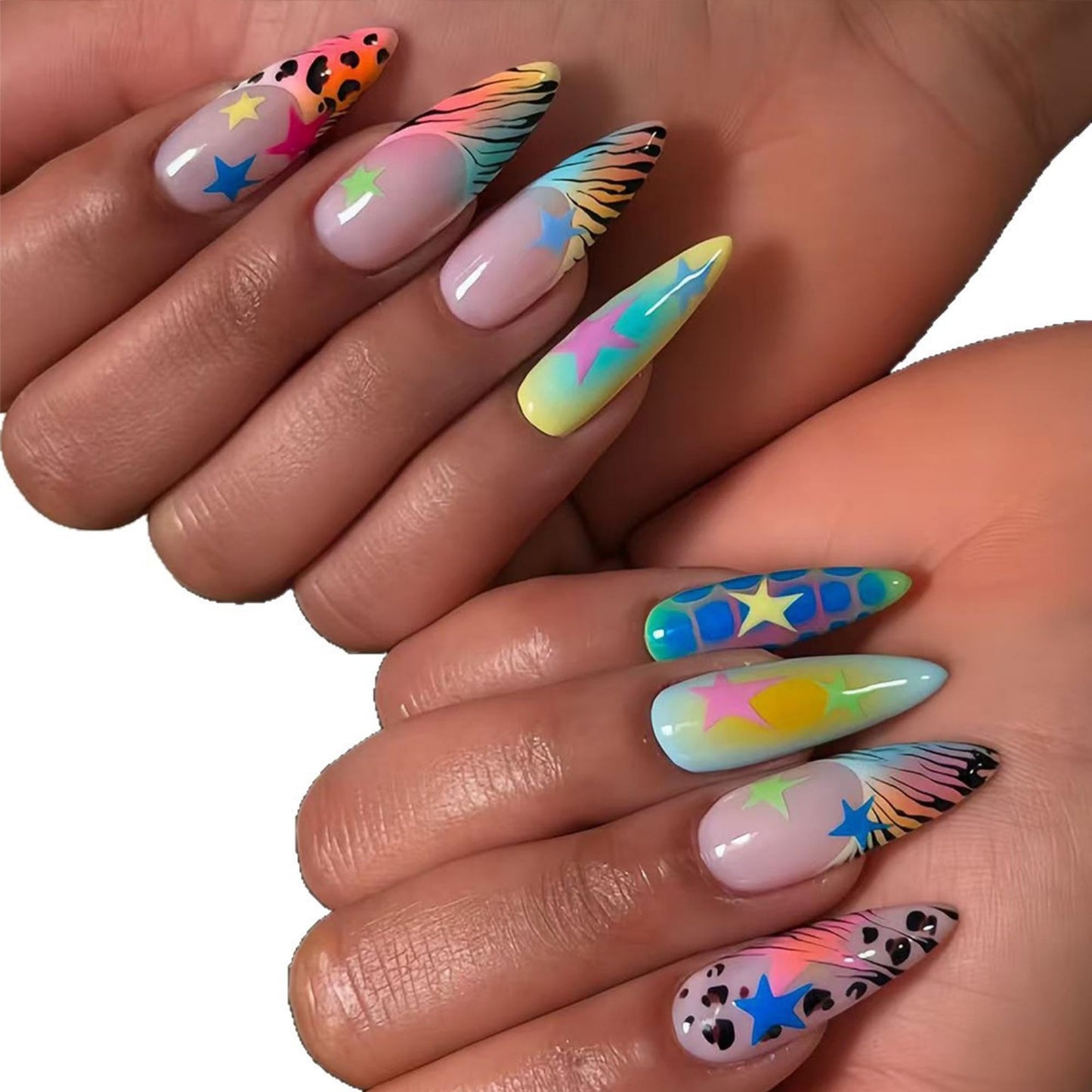 octoswave Long Stiletto Press on Nails Star Patterns Rainbow Gradient Colorful False Nails for Party Festival Vacation 24Pcs