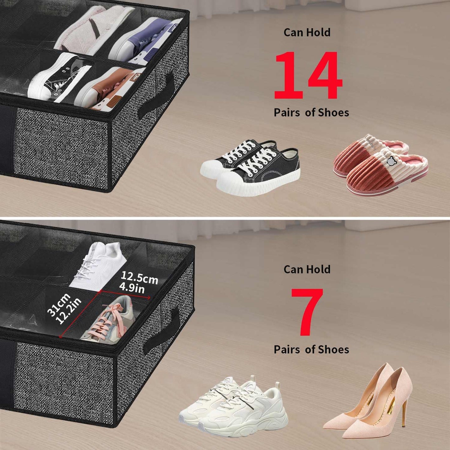 Onlyeasy 2 Pack Under Bed Shoes Storage Bag Organizer (14+4 Pairs), Collapsible Shoe Boot Container with Handles, Underbed Storage Solution for Kids & Adults, 86x60x15cm, Linen-like Black, MXAUBS14S4