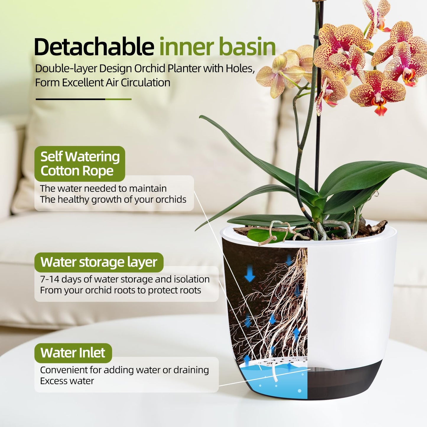 QCQHDU 2 Pack 5.7 Inch Orchid Pots with Holes for Repotting, Double-Layer and Self Watering Orchid Pot with Good Air Circulation