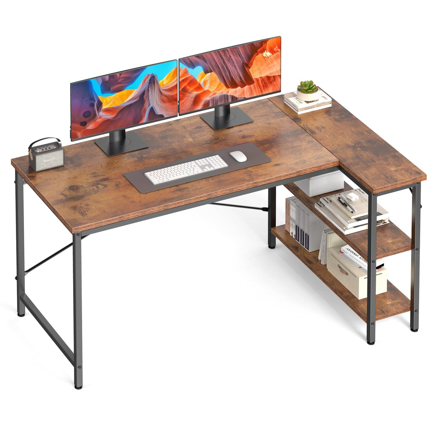 DUMOS L Shaped Desk 47 Inch Computer Desk Gaming Furniture Corner Desks Home Office PC Table with Reversible Storage Shelves for Writing Working Study Bedroom Dorm, Rustic Brown