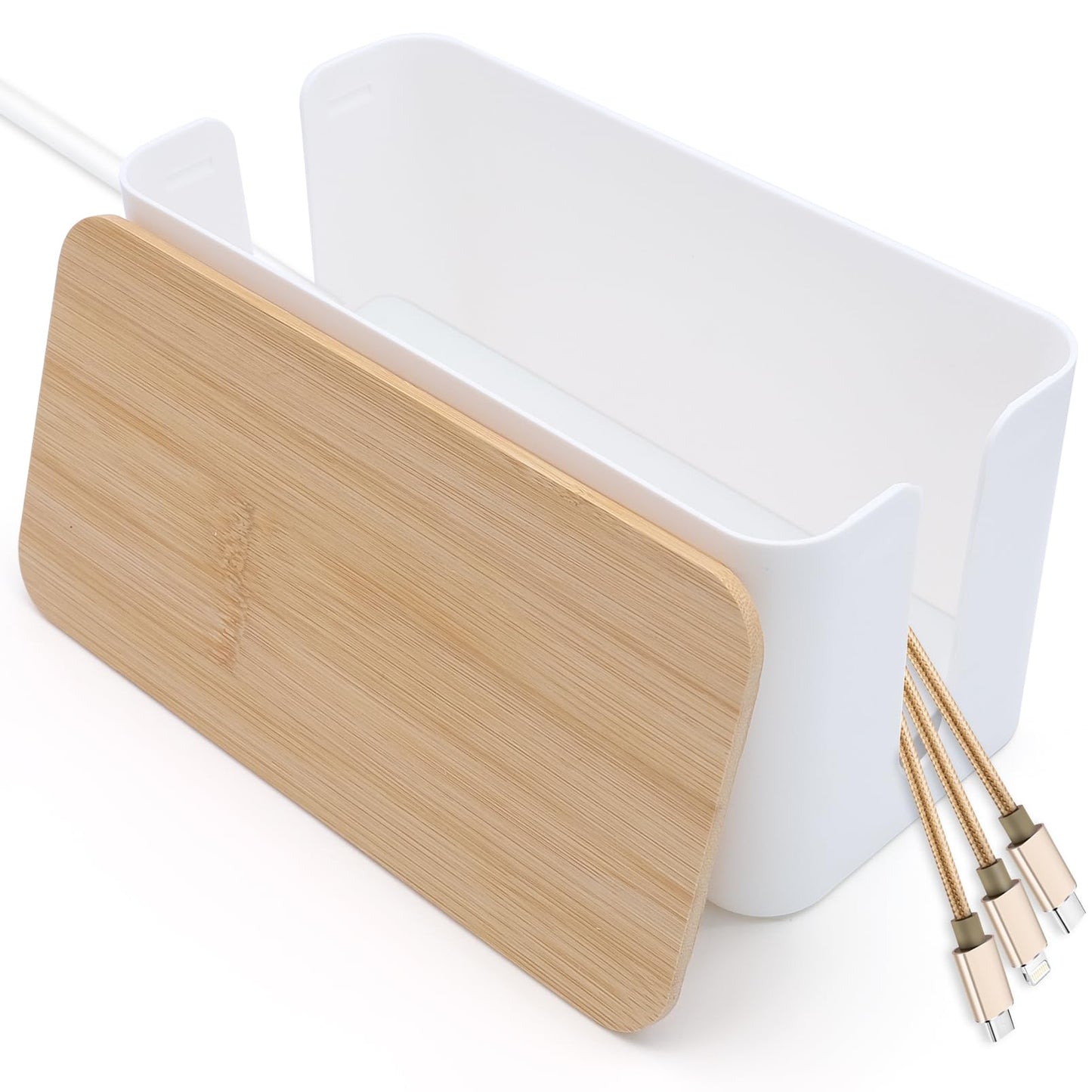 Cable Tidy Box White Cable Box with Bamboo Lid Cable Organiser Cable Management Box for Hiding Cables and Plugs