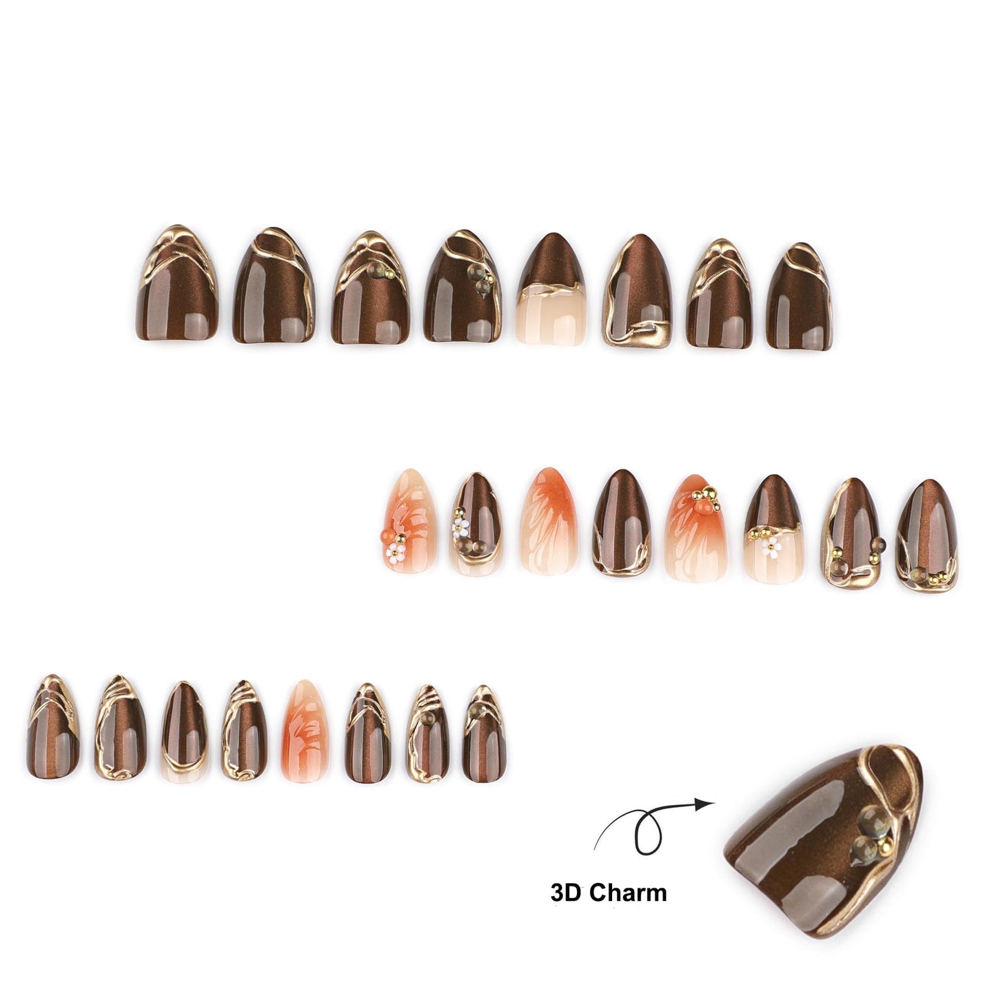 plalely Almond Press on Nails Short Brown Fake Nail Gold Embossed Acrylic Nail Press ons Daisy Charm Stick on Nail for Women 24pcs