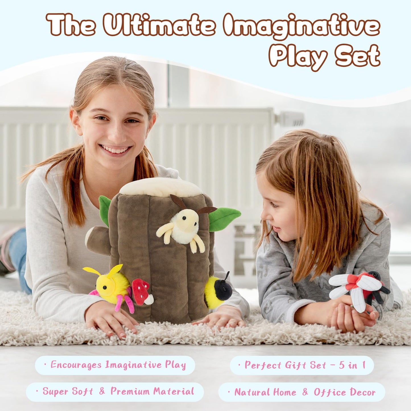 MaoGoLan 6pcs Flying Insect Plush Toys Set with Plush Bee Moth Butterfly Dragonfly, Flying Insect Stuffed Animal Bulk with Treehouse, Gift for Kids Toddlers Boys Girls