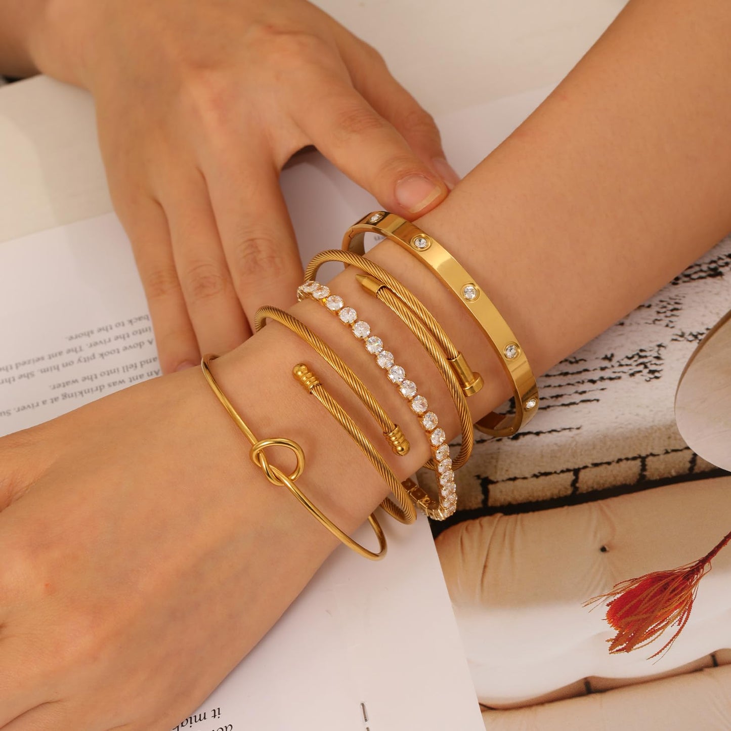 FAFUGA 18 K Gold Plated Love Bangle Bracelet Stack Cuff Jewelry for Women Jewelry Set for Women Gift with Box (B00050)