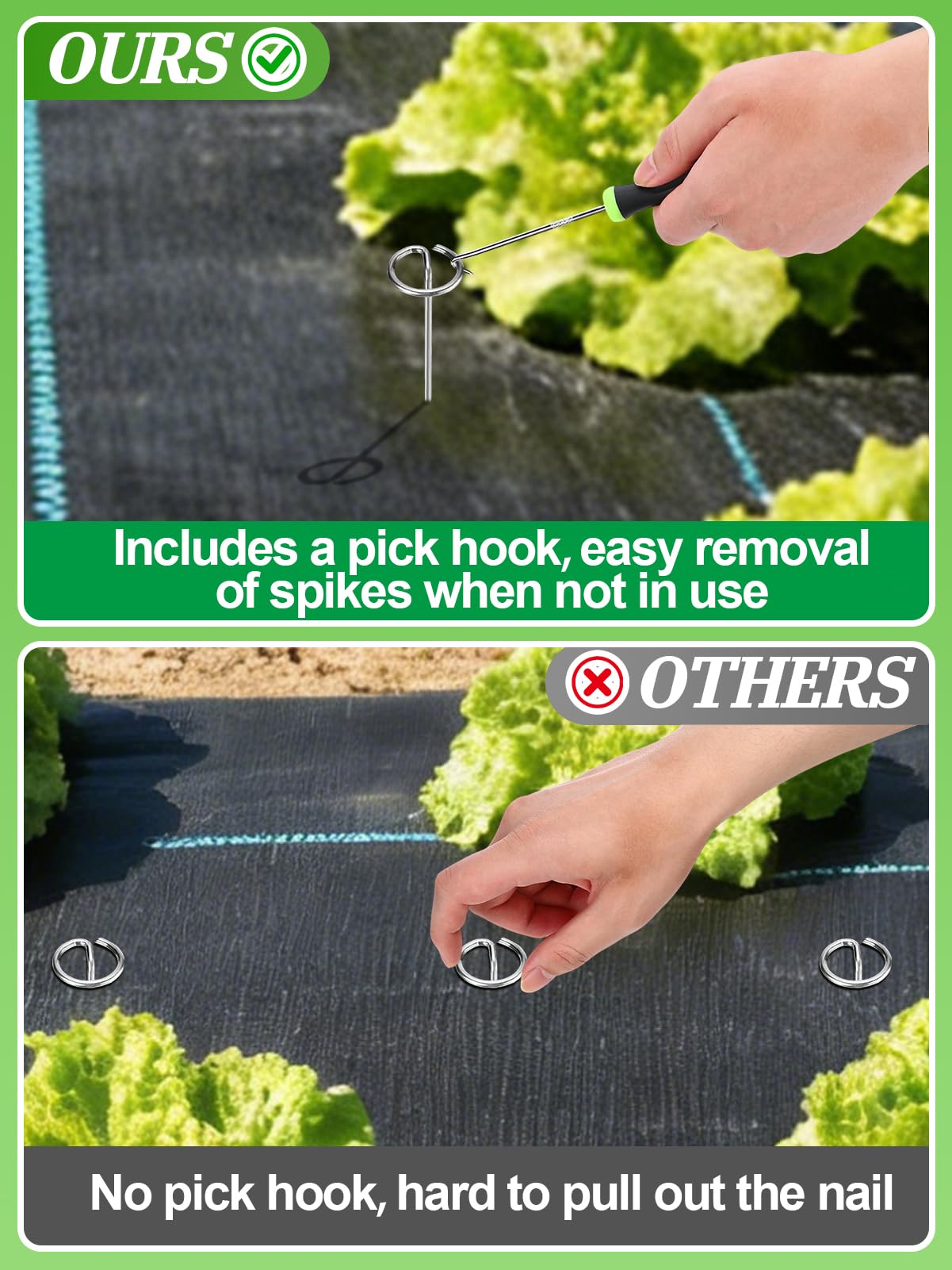 6 Inch Landscape Staples with Hook & Hammer - 120pcs Circle Top Weed Barrier Stakes Kit, 9 Gauge Galvanized Rust-Resistant Garden Fabric Pins, for SOD, Garden Edging, Install & Remove Tools Included