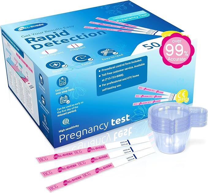 Pregnancy Tests with Cup, HEAL-CHECK Bulk Pregnancy Test Strips for Home Detection, Over 99% Accuracy, Individually Wrapped, 5mm Width HCG Test Kit, Fertility Value Pack, FSA HSA Eligible, 50 Count