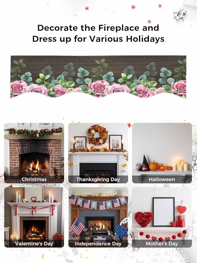 Spring Pink Roses Fireplace Mantel Scarf Table Runner, Pastoral Eucalyptus Leaves Brown Wooden Winter Garland Mantel Top Tablerunners Dresser Scarves Cover for Windows Party Living Room 60''x17''