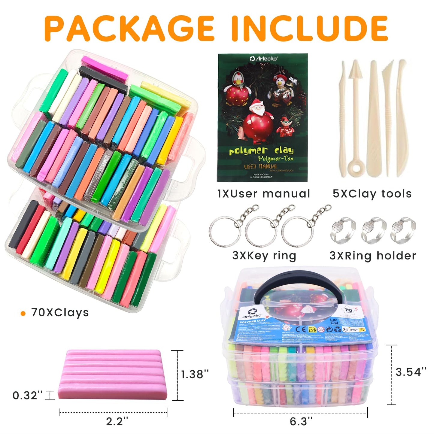 Artecho Polymer Clay Kit, 70 Colors Oven Bake Modeling Clay for Adults, DIY Sculpting Craft Molding Clay Set with Sculpting Tools, Jewelry Accessories, Arts and Crafts Gifts