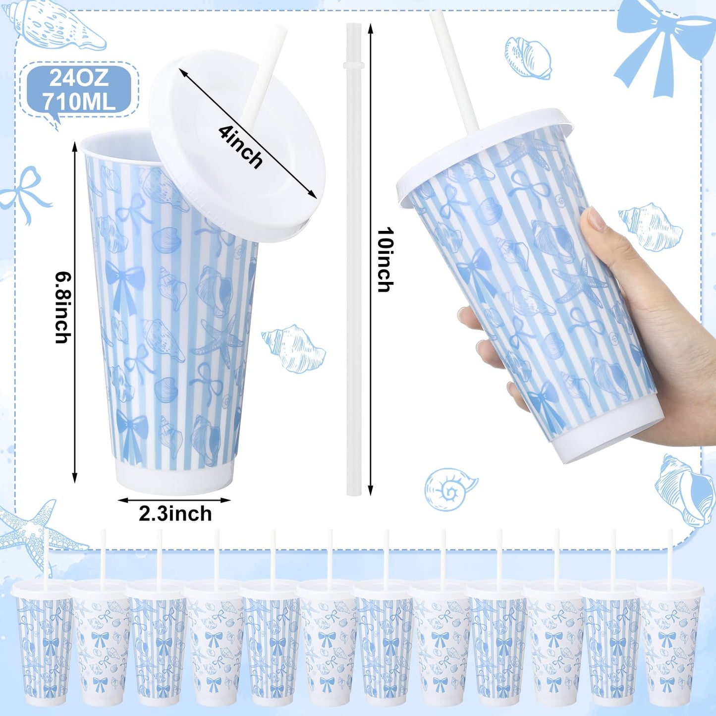 Pickmesh 12 Pcs 24 oz Coastal Blue Bow Plastic Cups with Lids and Straws Bulk Coastal Ocean Party Decoration Supply Blue Shell Reusable Tumbler for Birthday Wedding Baby Shower Party