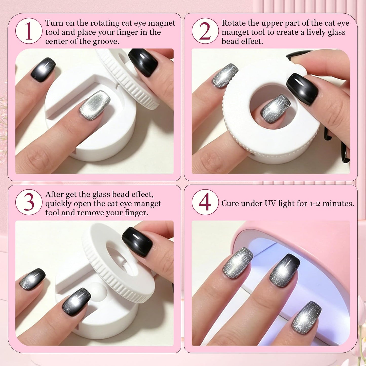 Plman 360° Rotating Cat Eye Magnet Set for Cat Eye Gel Polish, Nail Art Tool with U-Shaped Magnet for Beginners DIY Salon, Open Space Design Magnetic Nail Tool for 3D Effects (Rotating+U-shaped White)
