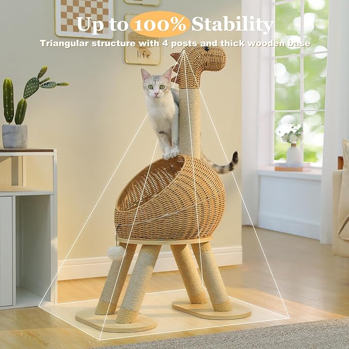 PAWZ Road Dinosaur Cat Tree 46” Cat Scratching Posts with Large Rattan Bed