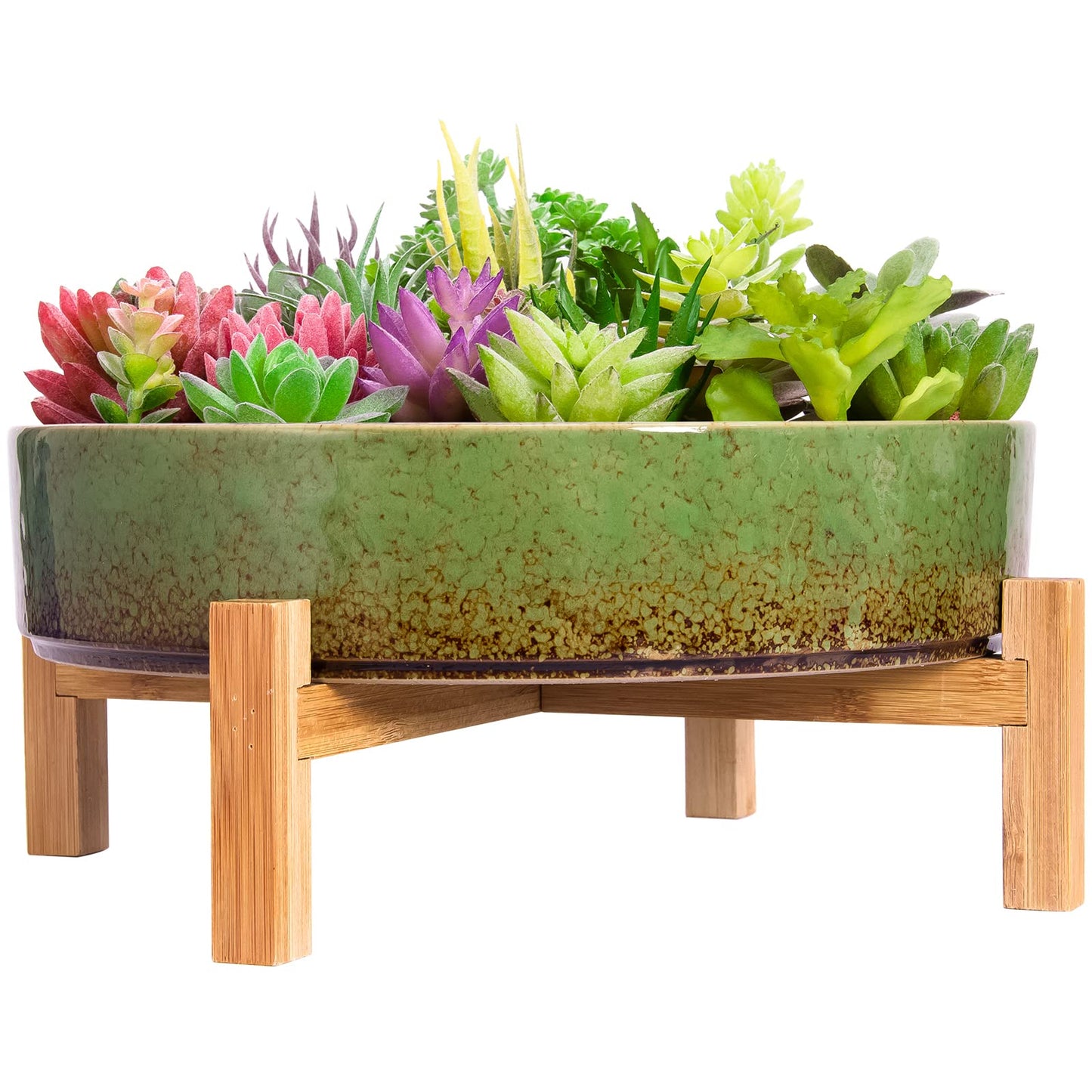 ARTKETTY Succulent Planters - 11 Inch Large Succulent Pots with Drainage, Ceramic Bonsai Pots with Bamboo Stand Shallow Planters for Indoor/Outdoor Plants Modern Cactus Flower Planter Bowl (Green)