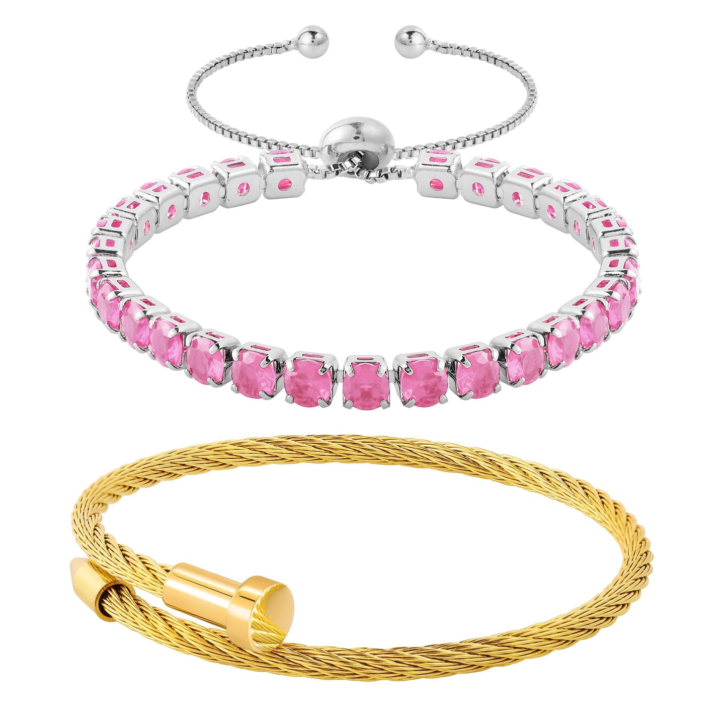 LCTrusttmor Gahna 2PCS Gold/Silver Plated Nail Bangle & Tennis Bracelet Set for Women, Stackable Pink Cubic Zirconia Adjustable Bangle Jewelry, Dainty Mother’s Day Birthday Gift for Women